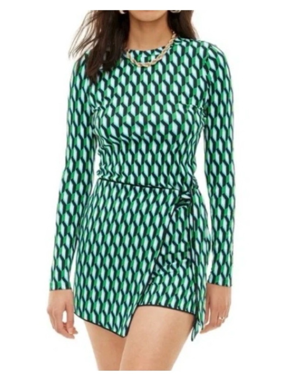 DVF wrap skort.  Green geometric design.